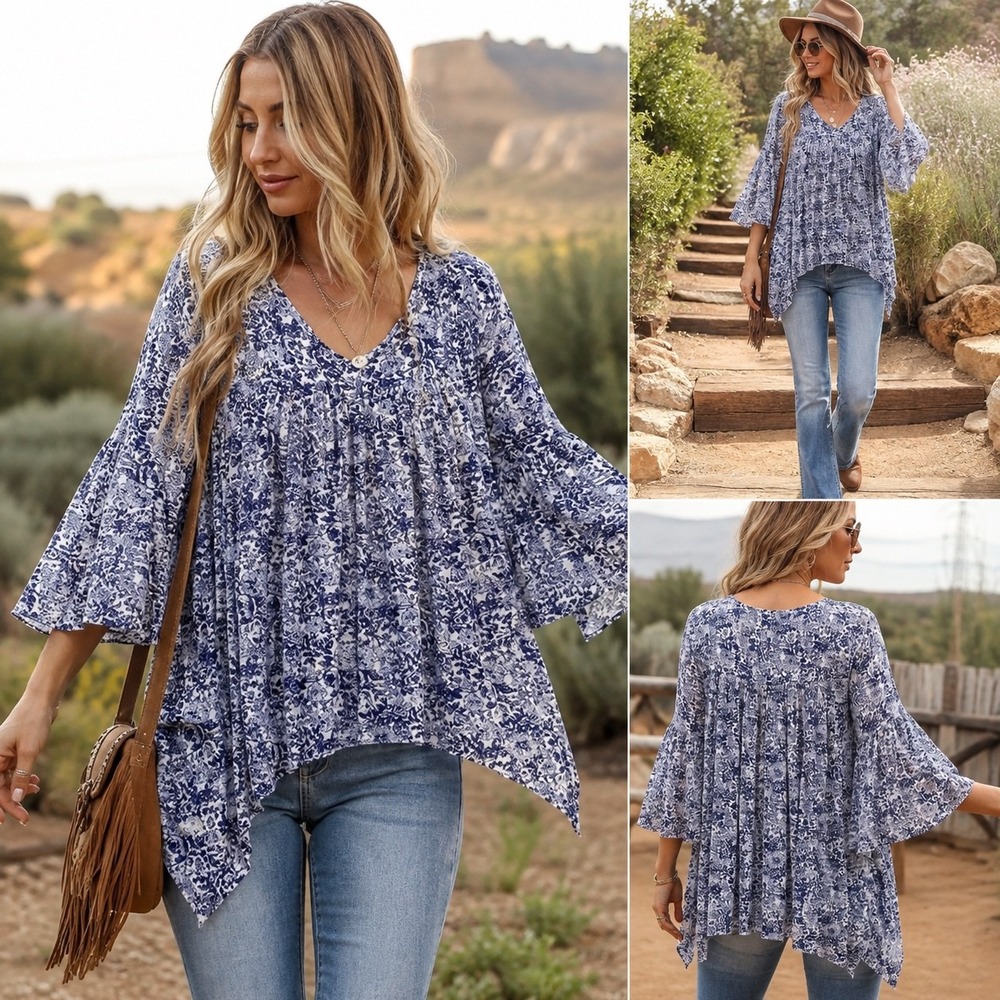 Gimmicks by BKE Raw Edge Floral Top Women's Small Blue White Bell Sleeve Boho